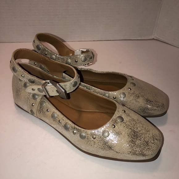 New Free People Champagne Leather MYSTIC Studded Mary Jane Ballet Flats Shoe 7.5 - Picture 6 of 9